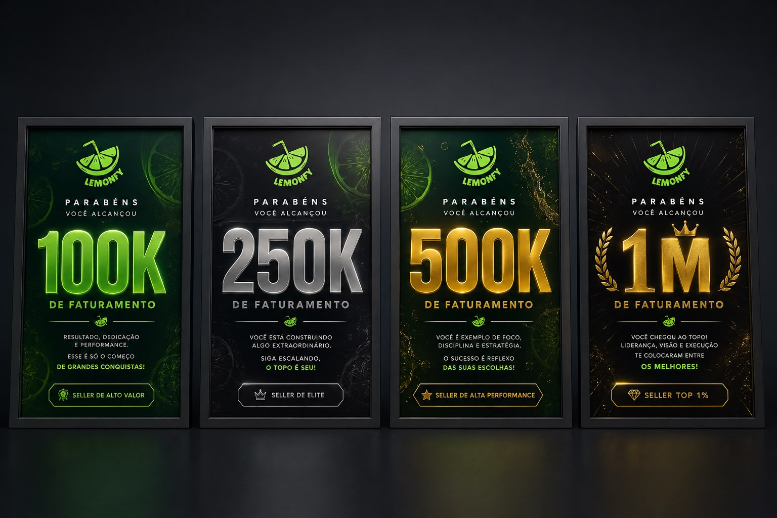 Placas físicas Lemonfy de 100 mil, 250 mil, 500 mil e 1 milhão de reais em faturamento